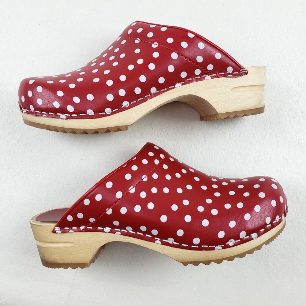 Sanita Fenja Polka Dot Clog Womens US 7 EU 38 Red Leather Slip On Wooden Shoe - Picture 2 of 16